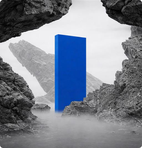 Abstract blue structure representing innovation and AI-driven digital transformation in a complex environment at New Metrics